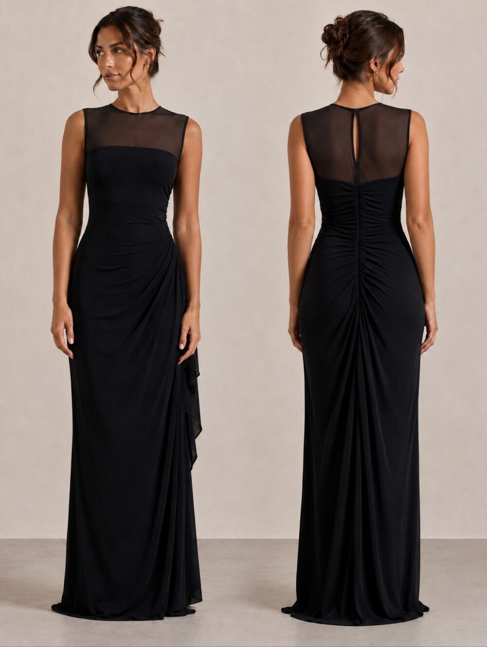 Scarlett Black Formal Gown Size 12 Large Illusion Mesh Ruched Maxi Dress